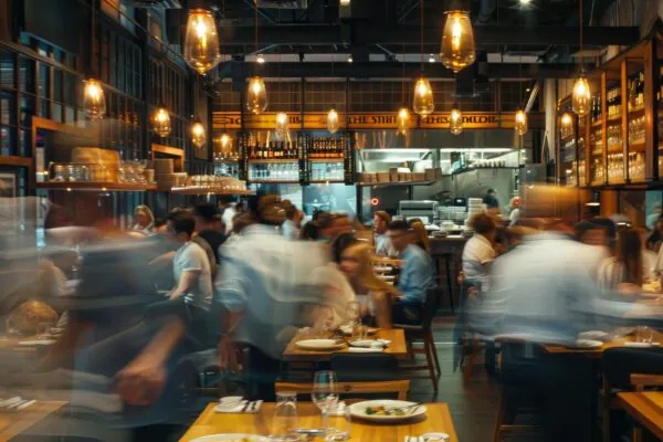 Blurry view of a crowded restaurant with people dining and interacting, A bustling dining area with people moving about.
